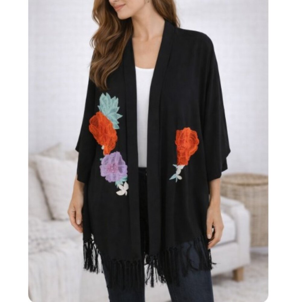 Disney Alice Wonderland Looking Glass Natori Black Floral Fringe Kimono L - Picture 1 of 15